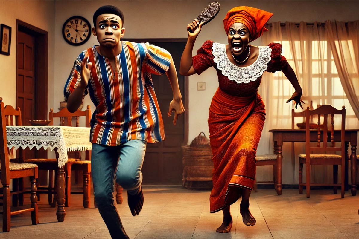 Grammar fix "A dramatic and humorous scene of an African mom angrily chasing her son through a home."